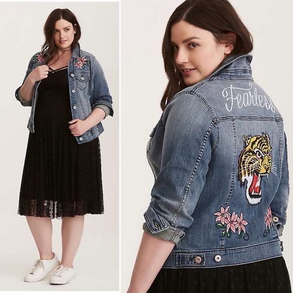 torrid Jackets & Blazers - torrid Embroidered Tiger Patch Denim Jacket Sz 2X